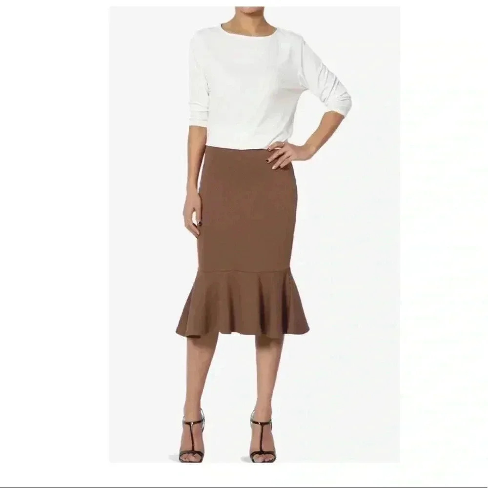 🆕 Zenana Outfitters Light Brown Mermaid-Hem Mid Skirt XL🆕 - Picture 1 of 10